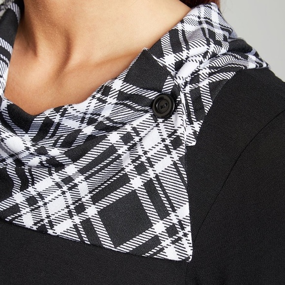 Black Plaid Asymmetrical Cowl Neck Top - Picture 3 of 4